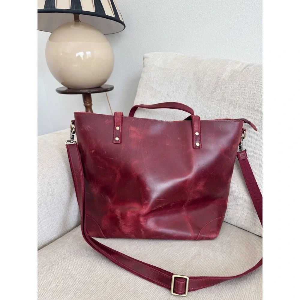 Leather Tote Shoulder Bag Red Laptop Szone Minimal Chic Large Travel Work